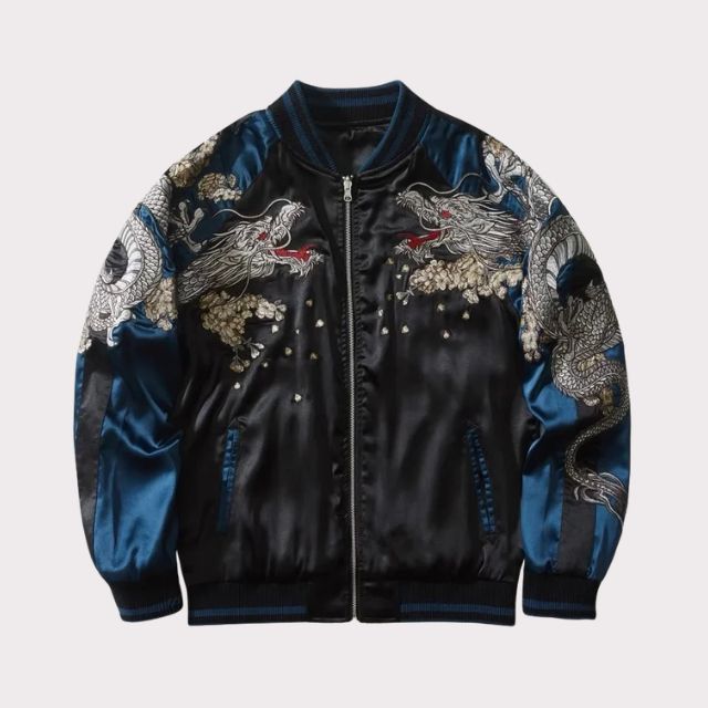 Harajuku sukajan jacket with embroidered back design and contrasting satin sleeves - eiyo kimono