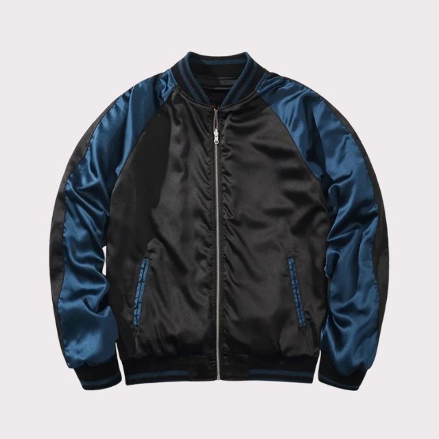 Harajuku sukajan jacket with embroidered back design and contrasting satin sleeves - eiyo kimono