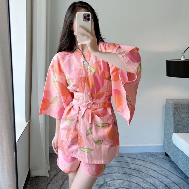 Pink Japamas lounge set with kimono style top and matching shorts - Eiyo Kimono