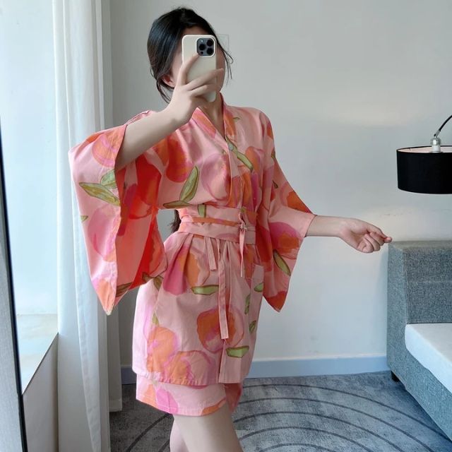 Pink Japamas lounge set with kimono style top and matching shorts - Eiyo Kimono