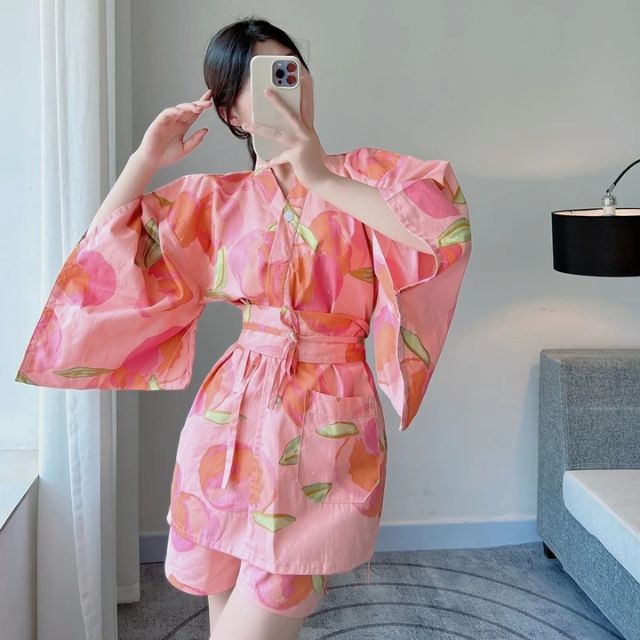 Pink Japamas lounge set with kimono style top and matching shorts - Eiyo Kimono