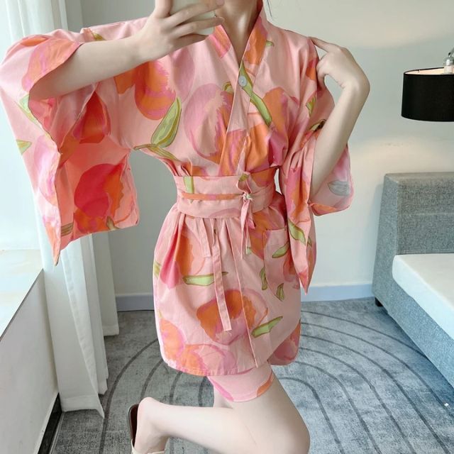 Pink Japamas lounge set with kimono style top and matching shorts - Eiyo Kimono