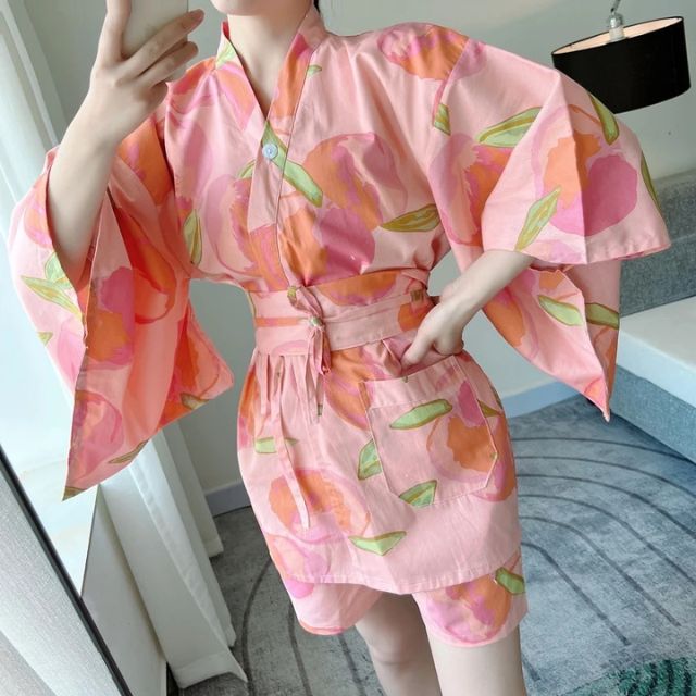 Pink Japamas lounge set with kimono style top and matching shorts - Eiyo Kimono