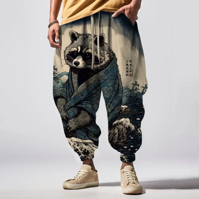 Raccoon tanuki kimono design on Japanese anime pants | Eiyo Kimono