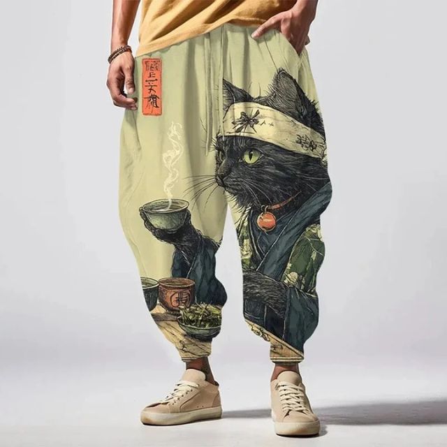 Mystic black cat samurai illustration on yellow beige Japanese anime pants | Eiyo Kimono