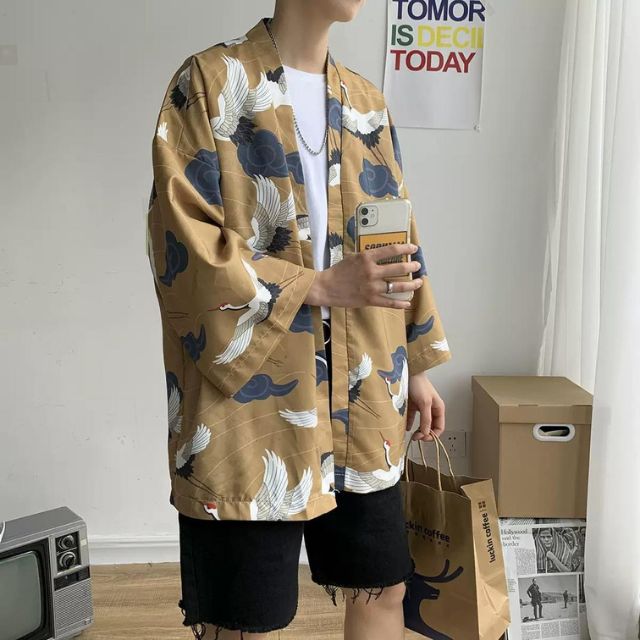 Japanese Crane Haori jacket with traditional bird pattern and relaxed kimono sleeves - eiyo kimono