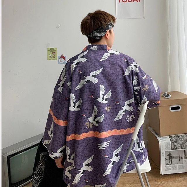 Japanese Crane Haori jacket with traditional bird pattern and relaxed kimono sleeves - eiyo kimono