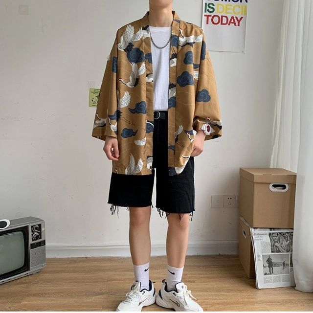 Japanese Crane Haori jacket with traditional bird pattern and relaxed kimono sleeves - eiyo kimono
