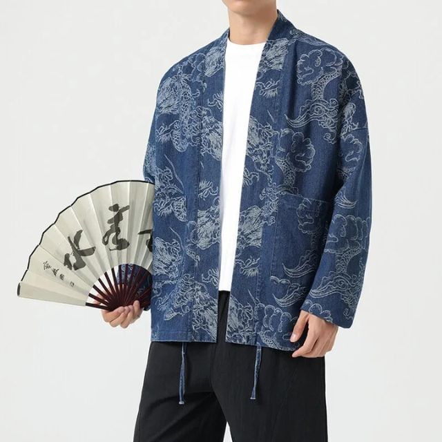 Japanese Dragon Kimono Cardigan in blue with detailed woven dragon pattern - eiyo kimono