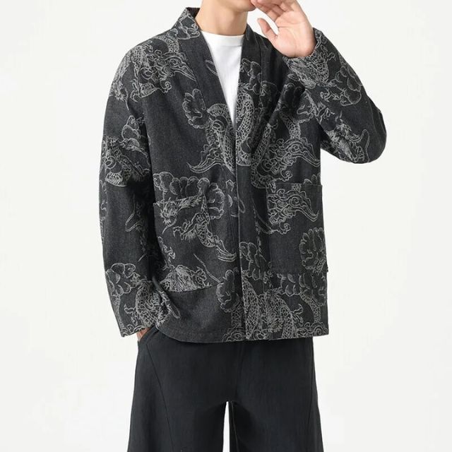 Japanese Dragon Kimono Cardigan in blue with detailed woven dragon pattern - eiyo kimono