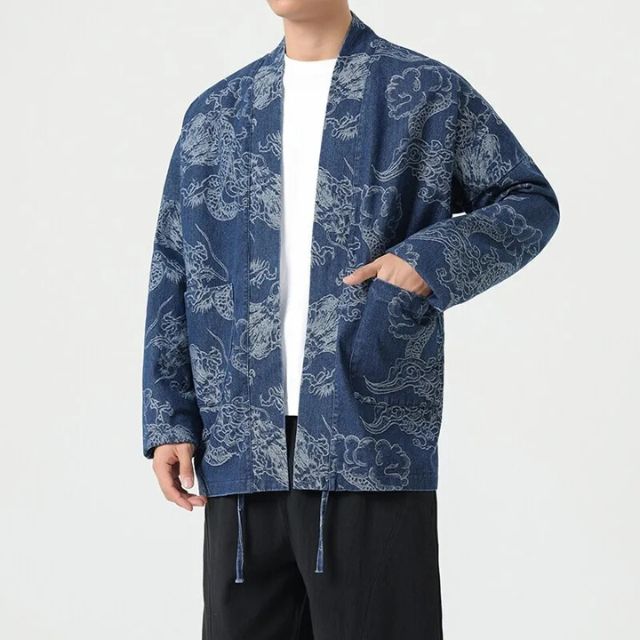 Japanese Dragon Kimono Cardigan in blue with detailed woven dragon pattern - eiyo kimono