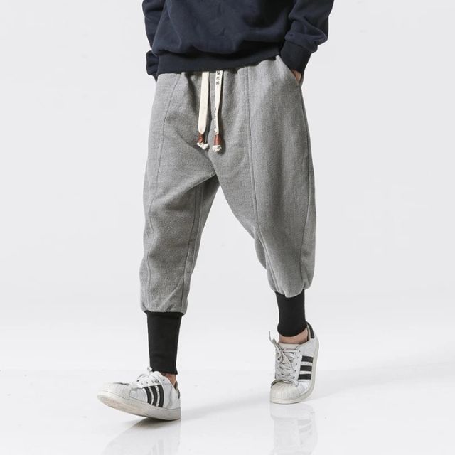 Streetwear outfit featuring black Japanese Joggers with cuffed ankles | Eiyo Kimono
