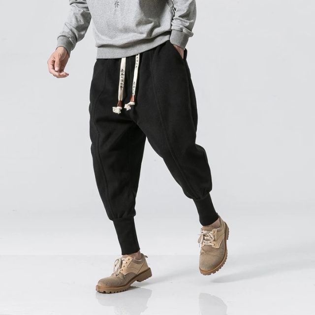 Streetwear outfit featuring black Japanese Joggers with cuffed ankles | Eiyo Kimono
