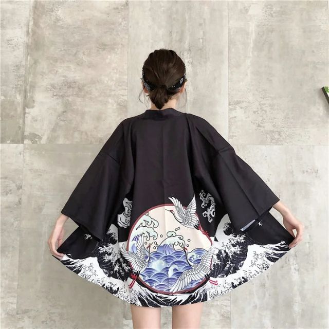 Lightweight Japanese Kimono Crane Anime layer featuring traditional crane and ocean waves - eiyo kimono