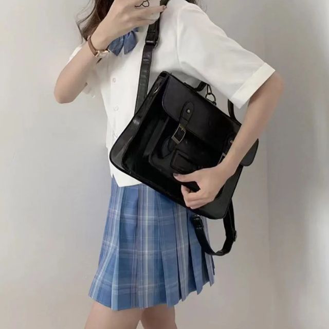 Japanese school bag with structured design and shoulder strap styled with Japanese school uniform - eiyo kimono