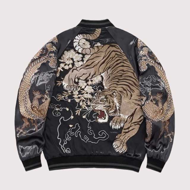 Embroidered Japanese bomber sukajan jacket with dragon and tiger | Eiyo Kimono