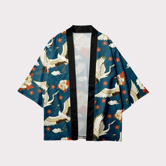 Teal Japanese haori jacket featuring crane motifs and relaxed kimono sleeves - eiyo kimono