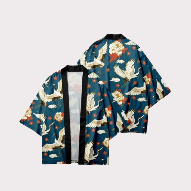 Teal Japanese haori jacket featuring crane motifs and relaxed kimono sleeves - eiyo kimono
