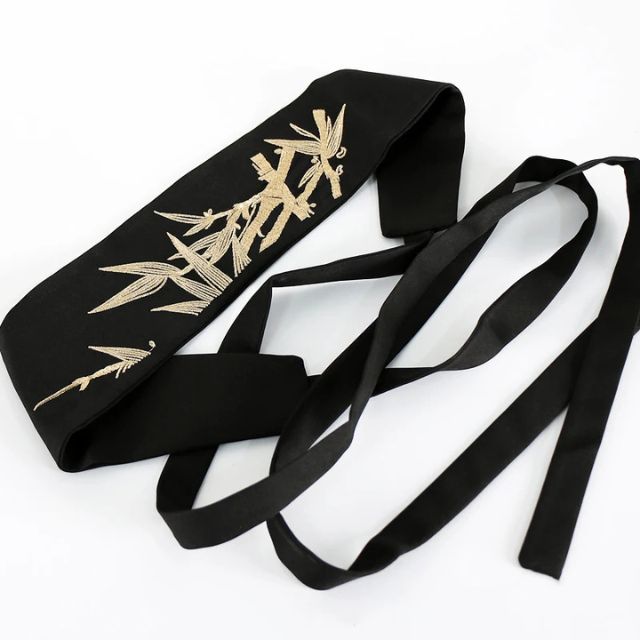 Black kimono sash belt with bamboo pattern tied around waist - Eiyo Kimono