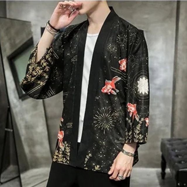 Japanese koi fish haori jacket, black open-front kimono jacket with traditional-inspired artwork - eiyo kimono
