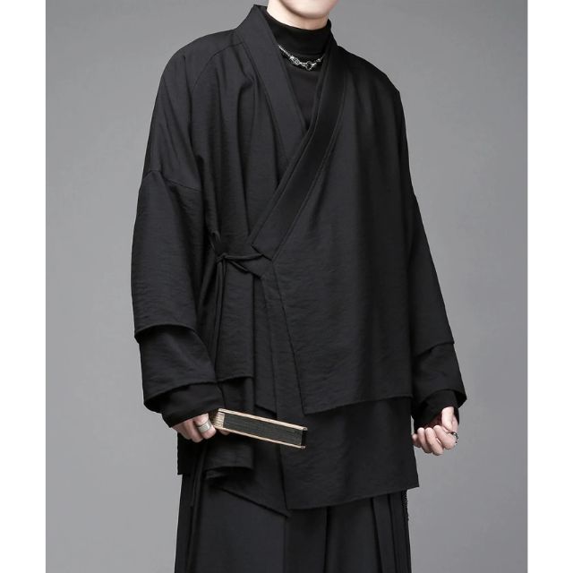 Layered kimono cardigan in black with asymmetrical design and wide sleeves - eiyo kimono