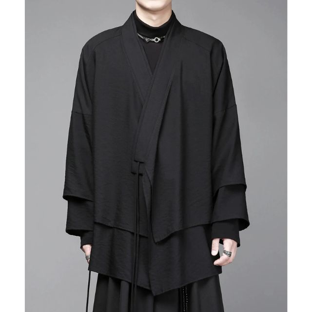 Layered kimono cardigan in black with asymmetrical design and wide sleeves - eiyo kimono