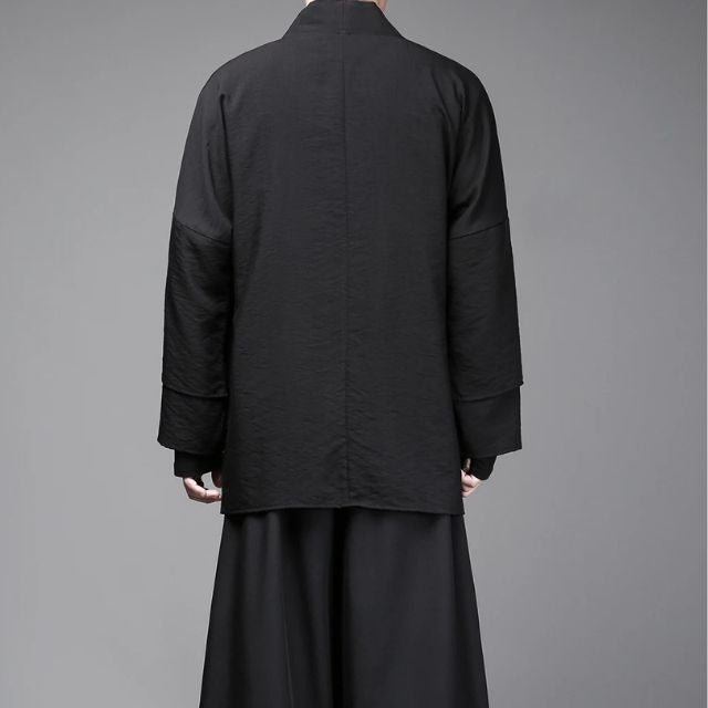 Layered kimono cardigan in black with asymmetrical design and wide sleeves - eiyo kimono