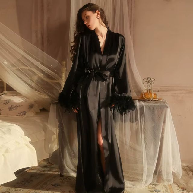 Long Black Kimono Robe