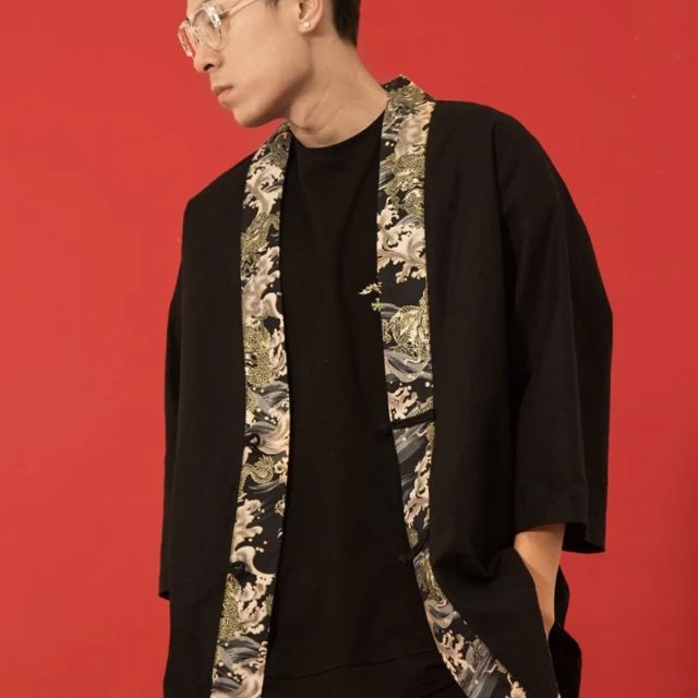 Black kimono cardigan robe with patterned inner trim and relaxed open-front fit - Eiyo Kimono