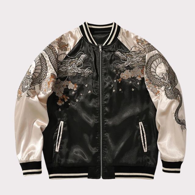 Phoenix Sukajan Jacket with embroidered phoenix bird and cherry blossoms on satin fabric - eiyo kimono