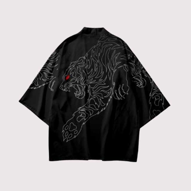 Back of Japanese Haori featuring white tiger outline and red eyes | Eiyo Kimono