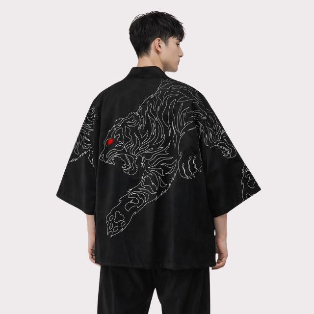 Back of Japanese Haori featuring white tiger outline and red eyes | Eiyo Kimono