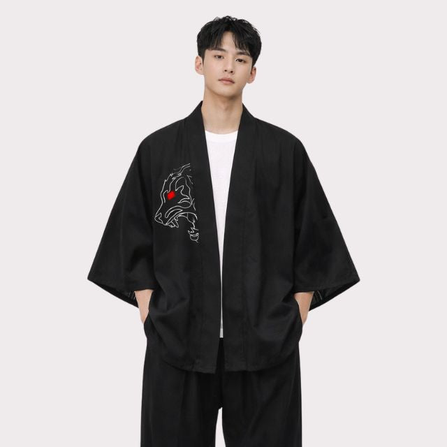 Back of Japanese Haori featuring white tiger outline and red eyes | Eiyo Kimono