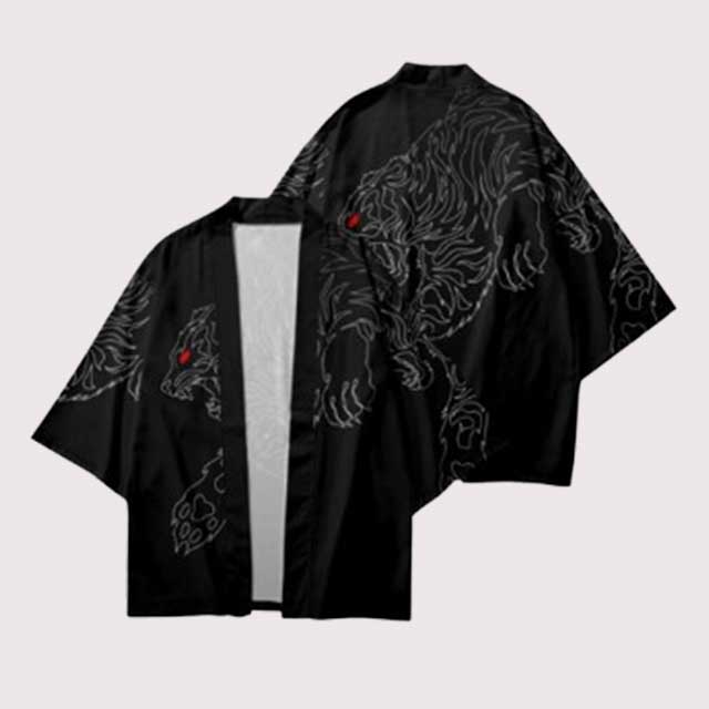 Back of Japanese Haori featuring white tiger outline and red eyes | Eiyo Kimono