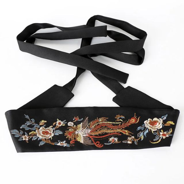 Embroidered kimono sash belt with long wrap ties and floral dragon design