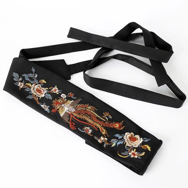 Embroidered kimono sash belt with long wrap ties and floral dragon design