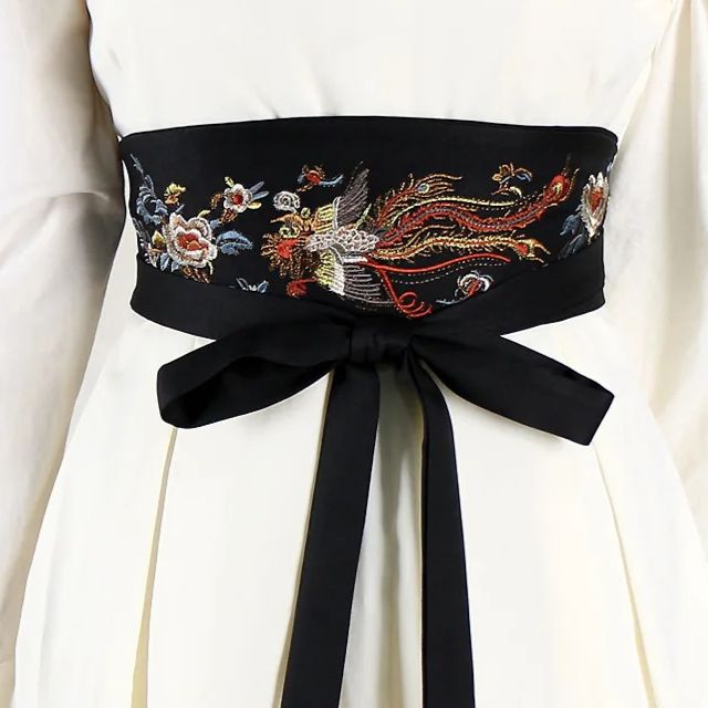 Embroidered kimono sash belt with long wrap ties and floral dragon design