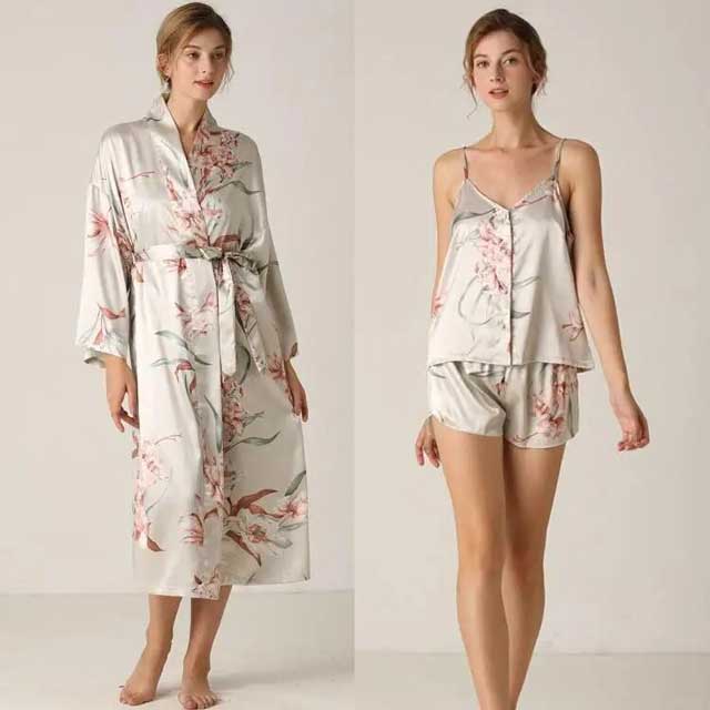 Couples Print Pajamas Suit Shirt&Pants Silky 2PCS Sleep Set Kimono Bathrobe  Gown
