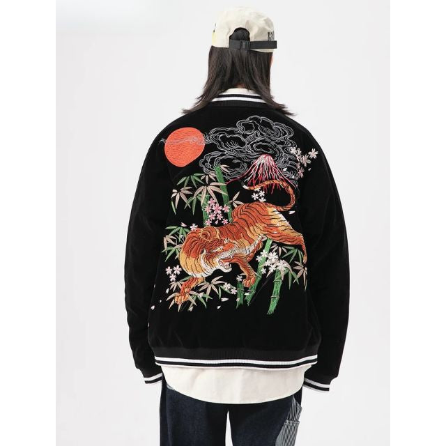 embroidered black souvenir bomber jacket with tiger and mount fuji design – eiyo kimono