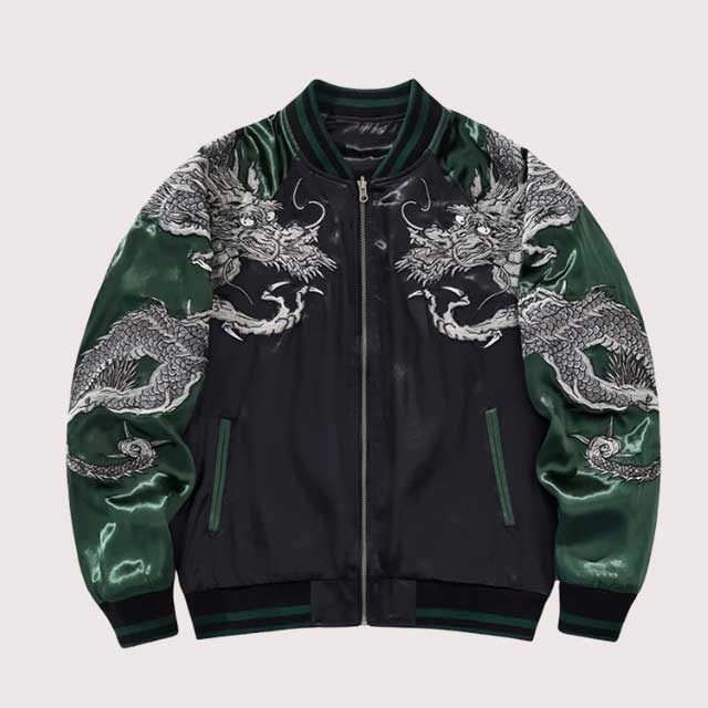 Japanese dragon bomber jacket with satin sleeves in emerald and black by Eiyo Kimono