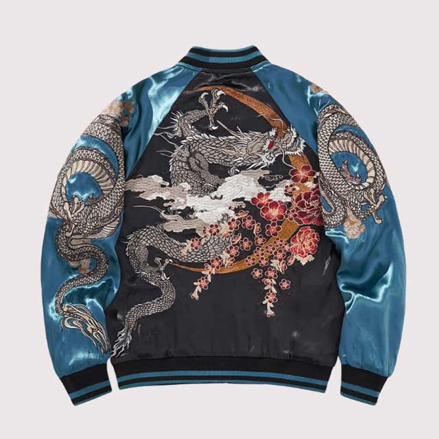Embroidered teal sukajan jacket with dragon design on satin sleeves by Eiyo Kimono
