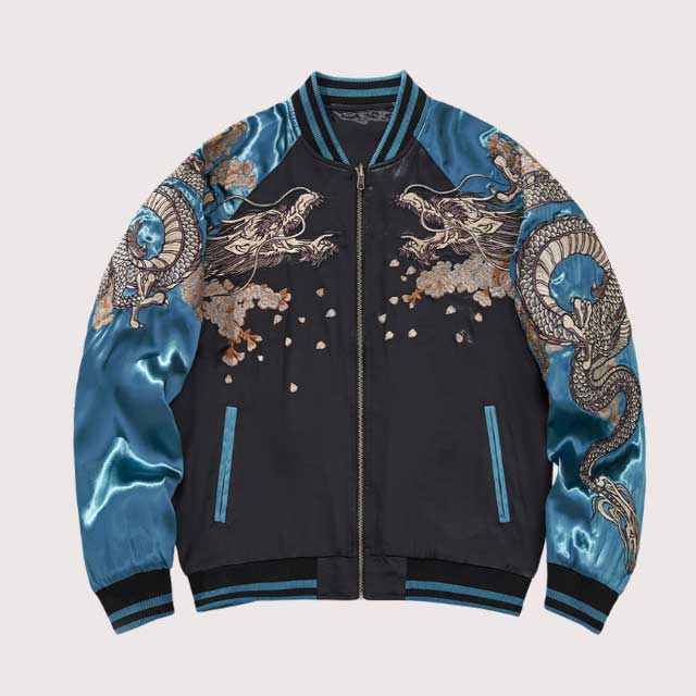 Embroidered teal sukajan jacket with dragon design on satin sleeves by Eiyo Kimono