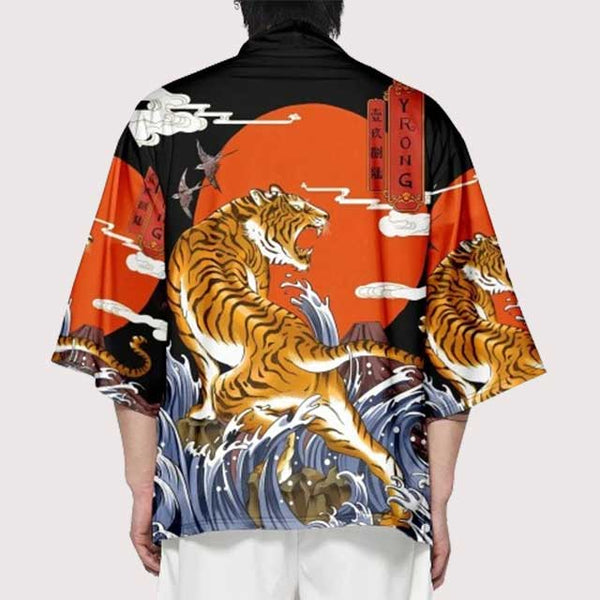 Roar Tiger Animal Print Abstract Short Kimono - Red & Multicolor main image 0