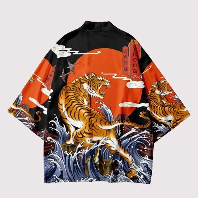 Roar Tiger Animal Print Abstract Short Kimono - Red & Multicolor main image 1