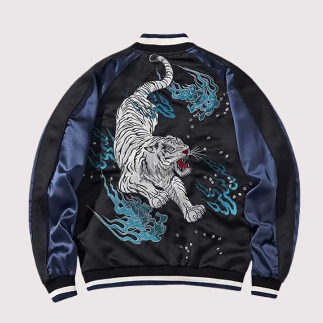 White tiger souvenir jacket with blue flame embroidery on the back, satin bomber style by Eiyo Kimono