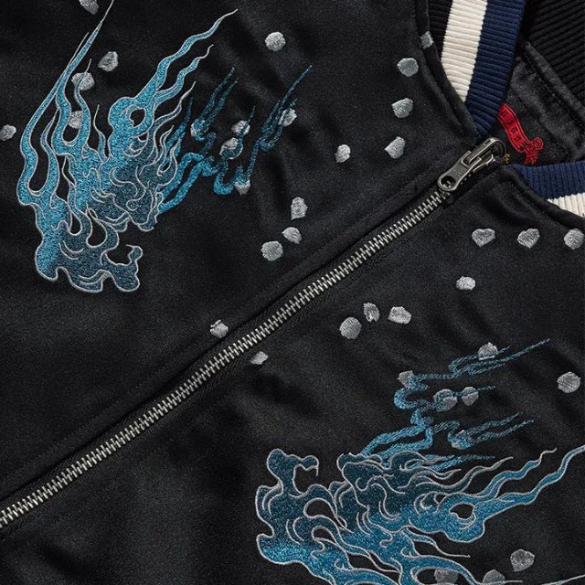 White tiger souvenir jacket with blue flame embroidery on the back, satin bomber style by Eiyo Kimono