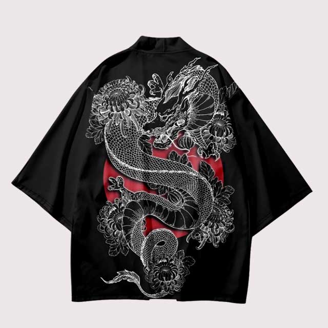 Japanese Dragon Haori featuring detailed dragon artwork with floral accents - Eiyo Kimono