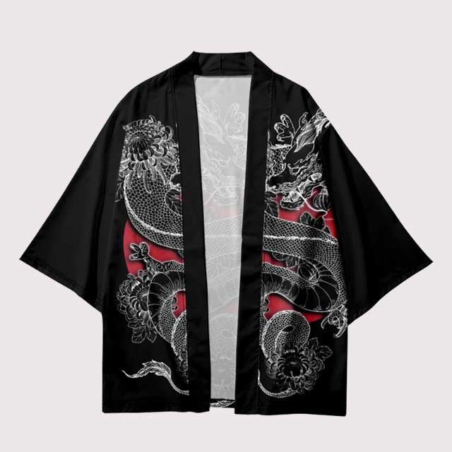 Japanese Dragon Haori featuring detailed dragon artwork with floral accents - Eiyo Kimono