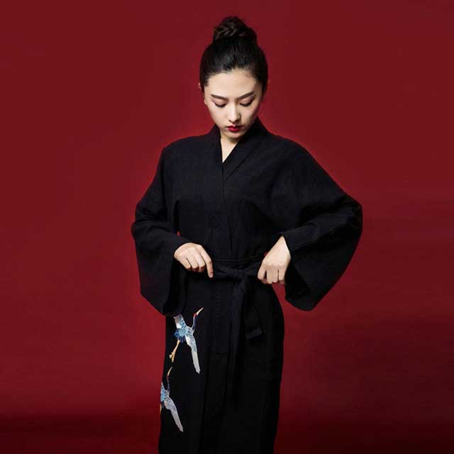 Black Japanese Crane Mens Two-Piece Kimono Yukata Top & Pants Sets