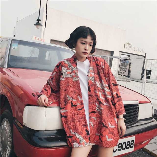 Short Kimono Cardigan in Crane Print Eiyo Kimono